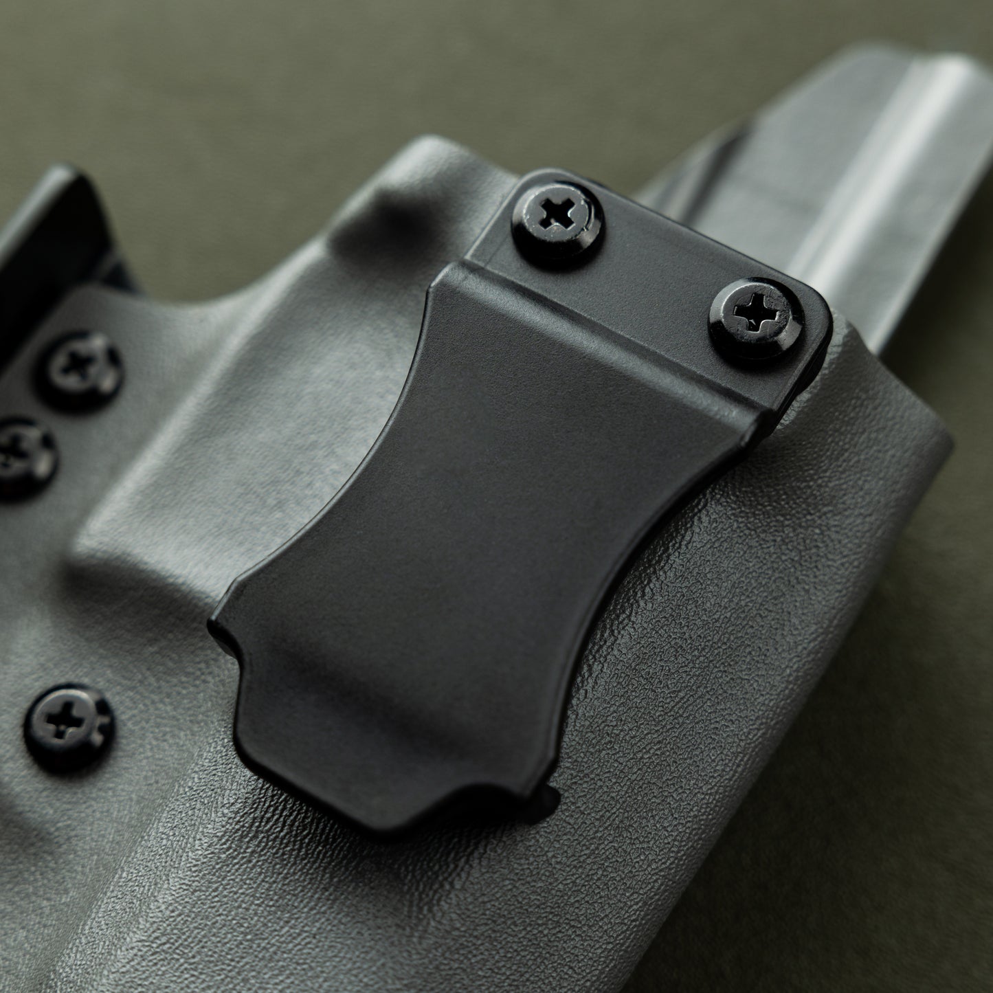 AIWB Kydex Holster, Grey, Front View, Close-up, Clip