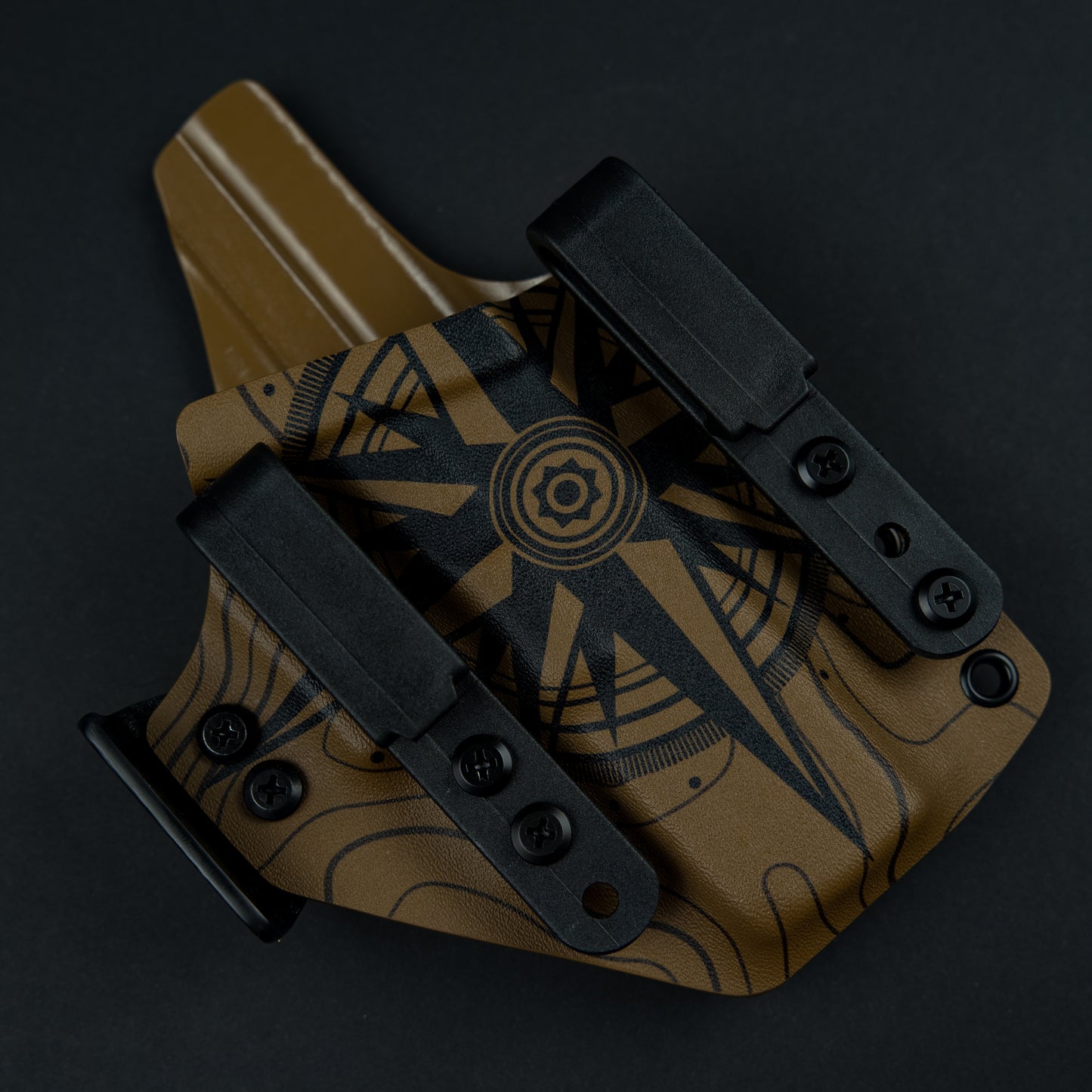 AIWB Kydex Holster, Dual Clip, Infused, Front View, Sideways, Brown
